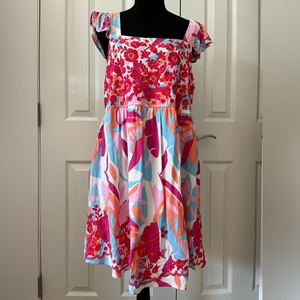 Emily Wonder Pink Multi Floral Embroidered Dress Medium